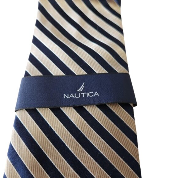 Nautica Silk Tie - Gold & Navy Stripe - NWT - Elegant Business or Wedding Look - Picture 6 of 9